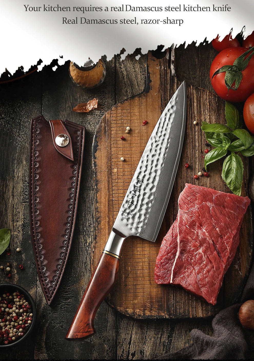 HEZHEN 8,3″ Kochmesser – 73‑lagiger Damast aus Pulverstahl & Palisandergriff