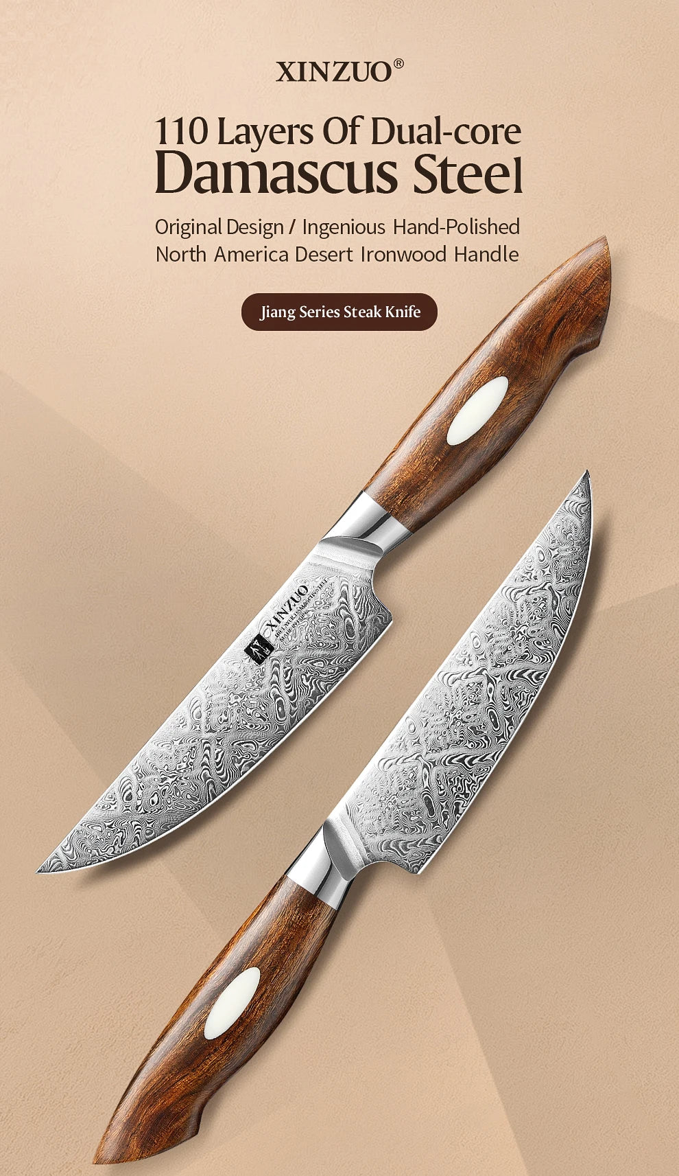 XINZUO Steakmesser – 5 Zoll (ca. 12,7 cm) Klinge aus 110 Lagen handgeschmiedetem Damaststahl