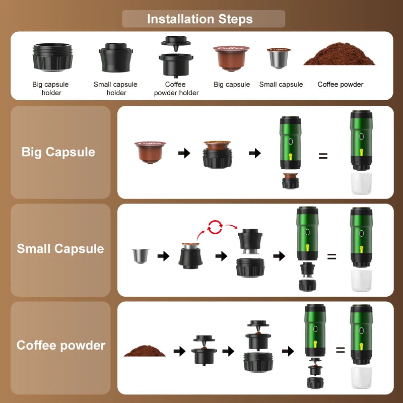 3‑in‑1 Reisekaffeemaschine inkl. Stand– Kabellos, elektrisch & tragbar für Auto, Camping & Zuhause