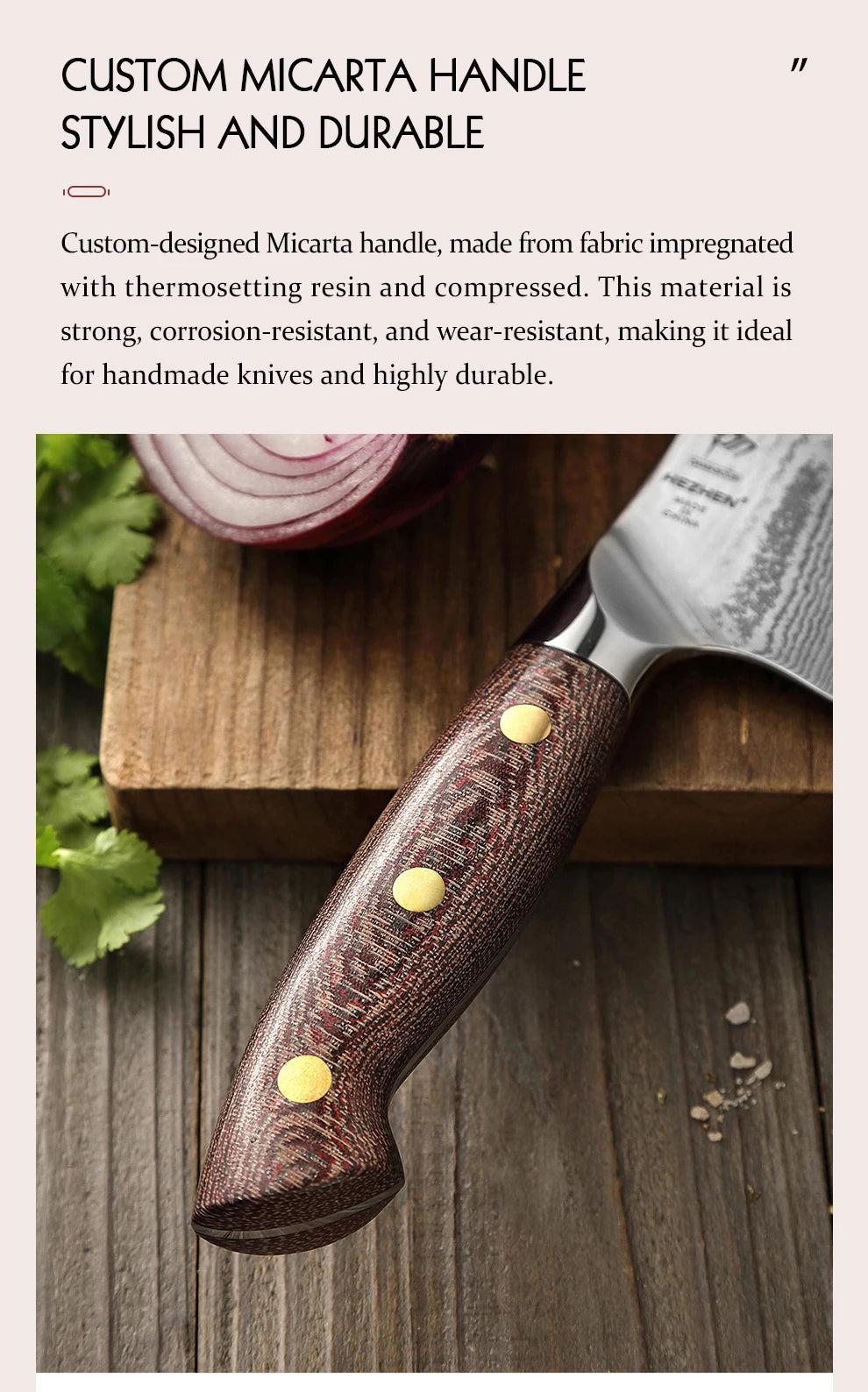 HEZHEN 2‑tlg. Damast‑Messerset – Micarta‑Griff & 430‑Stahl Fleischgabel