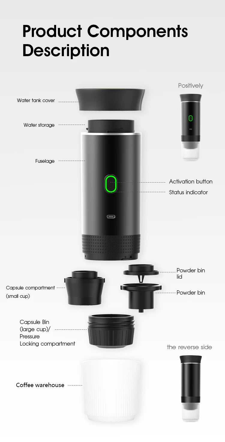 3‑in‑1 Reisekaffeemaschine inkl. Stand– Kabellos, elektrisch & tragbar für Auto, Camping & Zuhause