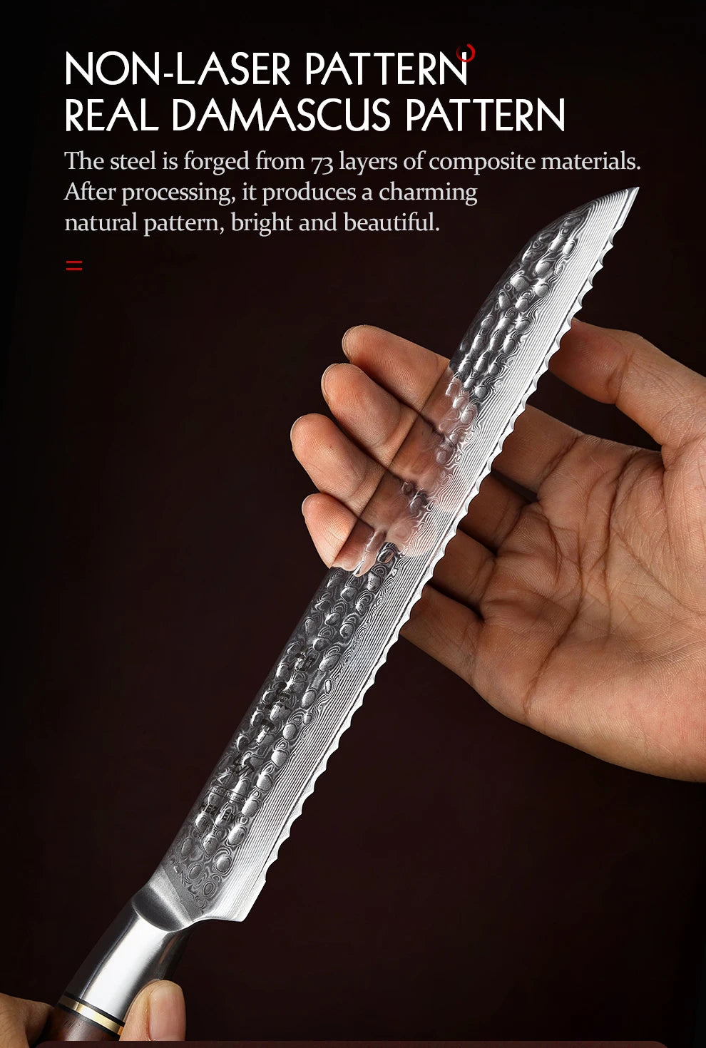 HEZHEN 8,5″ Brotmesser – 73‑lagiger Damast & Pulverstahlkern
