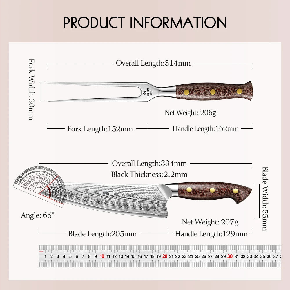 HEZHEN 2‑tlg. Damast‑Messerset – Micarta‑Griff & 430‑Stahl Fleischgabel