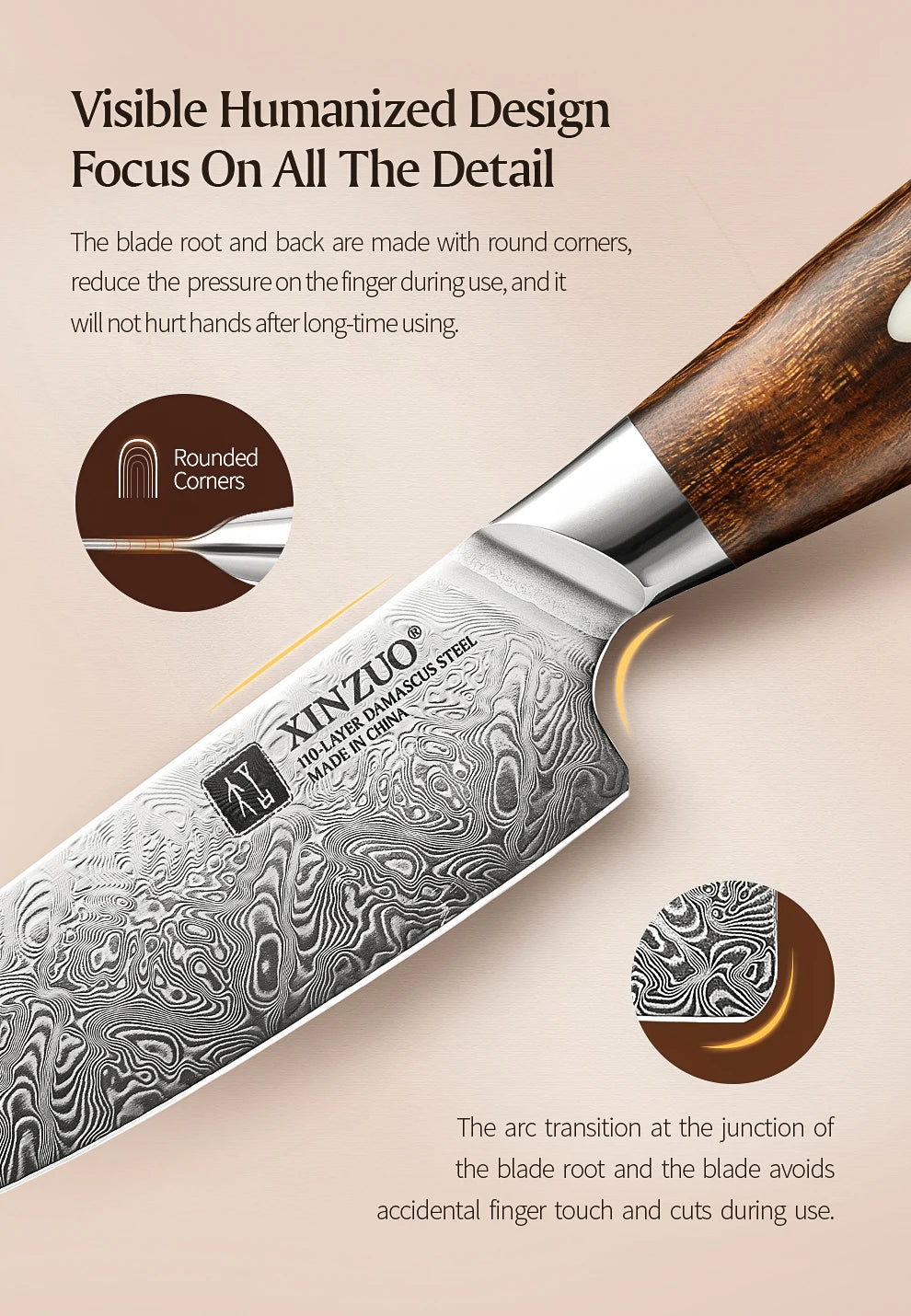 XINZUO Steakmesser – 5 Zoll (ca. 12,7 cm) Klinge aus 110 Lagen handgeschmiedetem Damaststahl