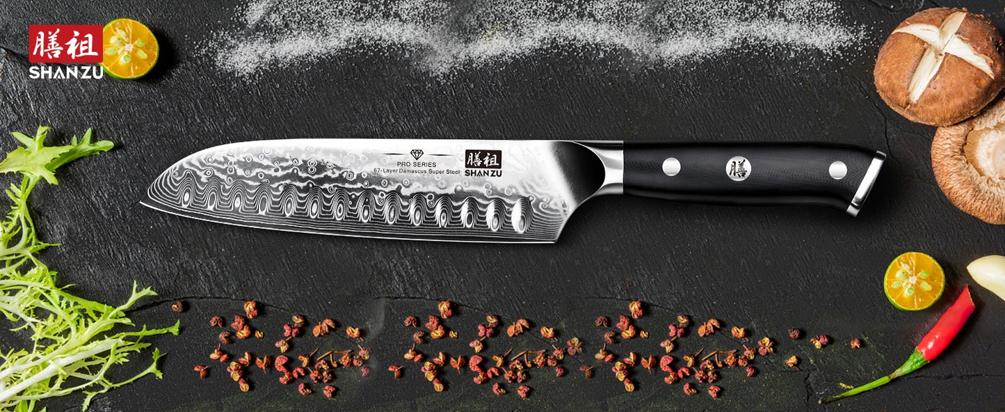 SHAN ZU 7″ Santoku Messer – 67‑Lagen Damast & High‑Carbon Kern