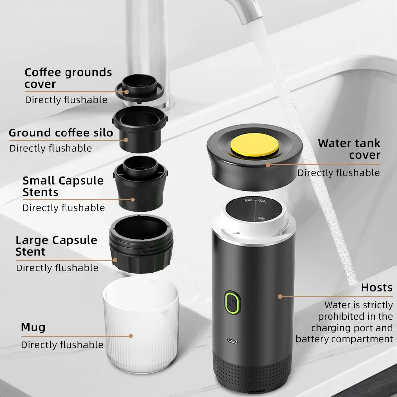 3‑in‑1 Reisekaffeemaschine inkl. Stand– Kabellos, elektrisch & tragbar für Auto, Camping & Zuhause