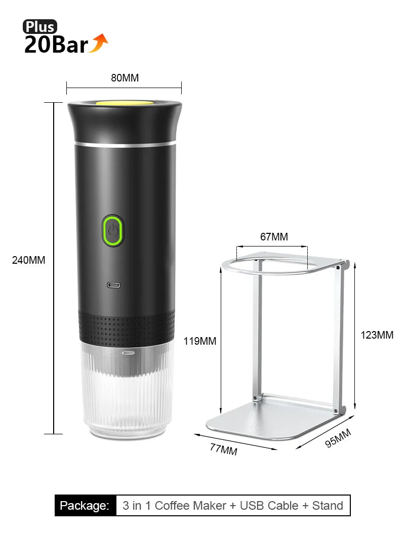 3‑in‑1 Reisekaffeemaschine inkl. Stand– Kabellos, elektrisch & tragbar für Auto, Camping & Zuhause