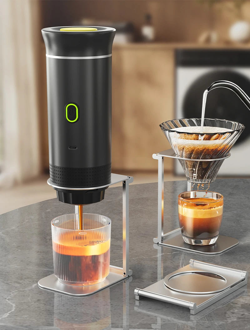 3‑in‑1 Reisekaffeemaschine inkl. Stand– Kabellos, elektrisch & tragbar für Auto, Camping & Zuhause