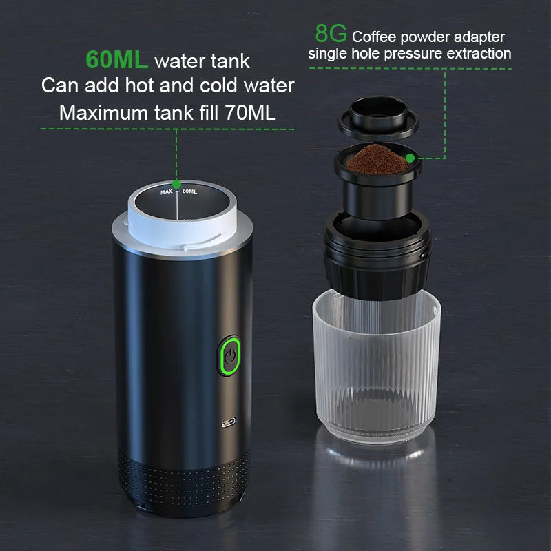 3‑in‑1 Reisekaffeemaschine inkl. Stand– Kabellos, elektrisch & tragbar für Auto, Camping & Zuhause