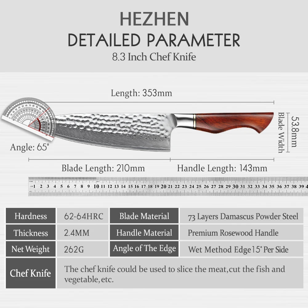 HEZHEN 8,3″ Kochmesser – 73‑lagiger Damast aus Pulverstahl & Palisandergriff