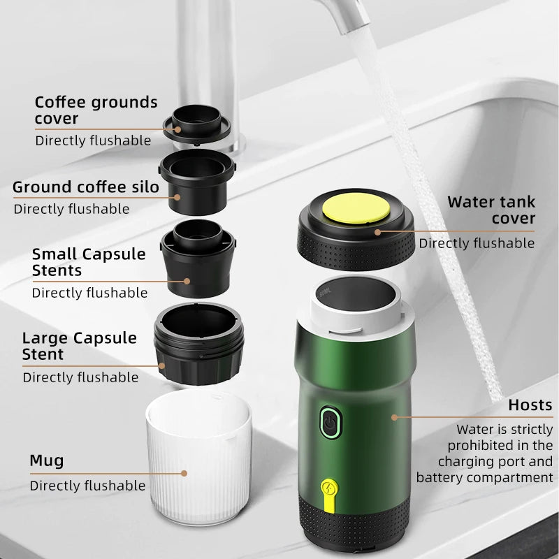 3‑in‑1 Reisekaffeemaschine inkl. Stand– Kabellos, elektrisch & tragbar für Auto, Camping & Zuhause