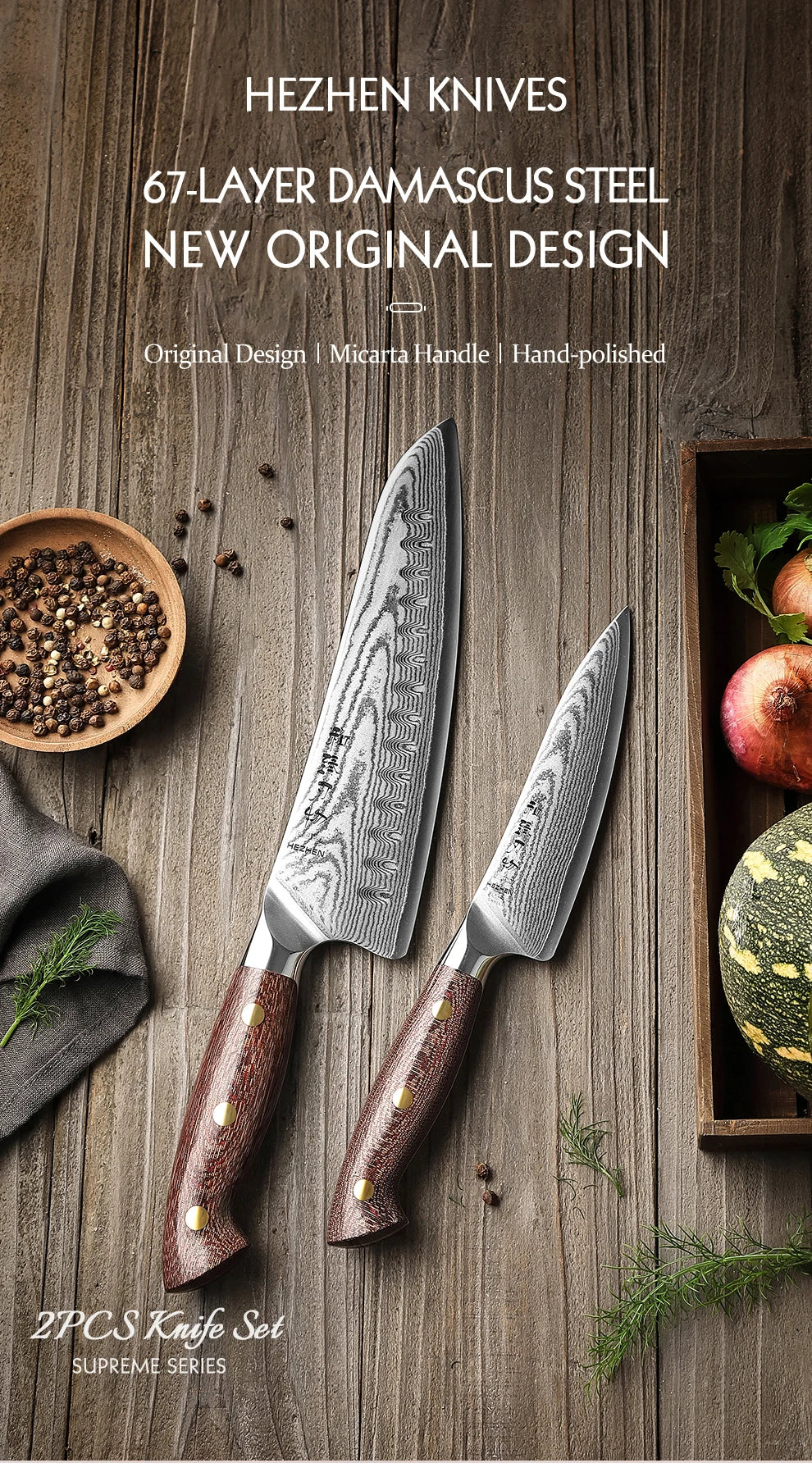 HEZHEN 2‑teiliges Damaststahl‑Messer‑Set mit Micarta‑Griff – Profi‑Klingen für deine Küche