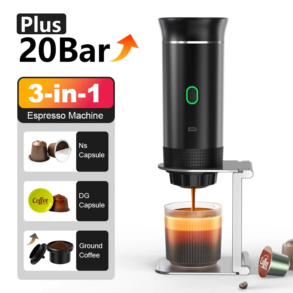 3‑in‑1 Reisekaffeemaschine inkl. Stand– Kabellos, elektrisch & tragbar für Auto, Camping & Zuhause