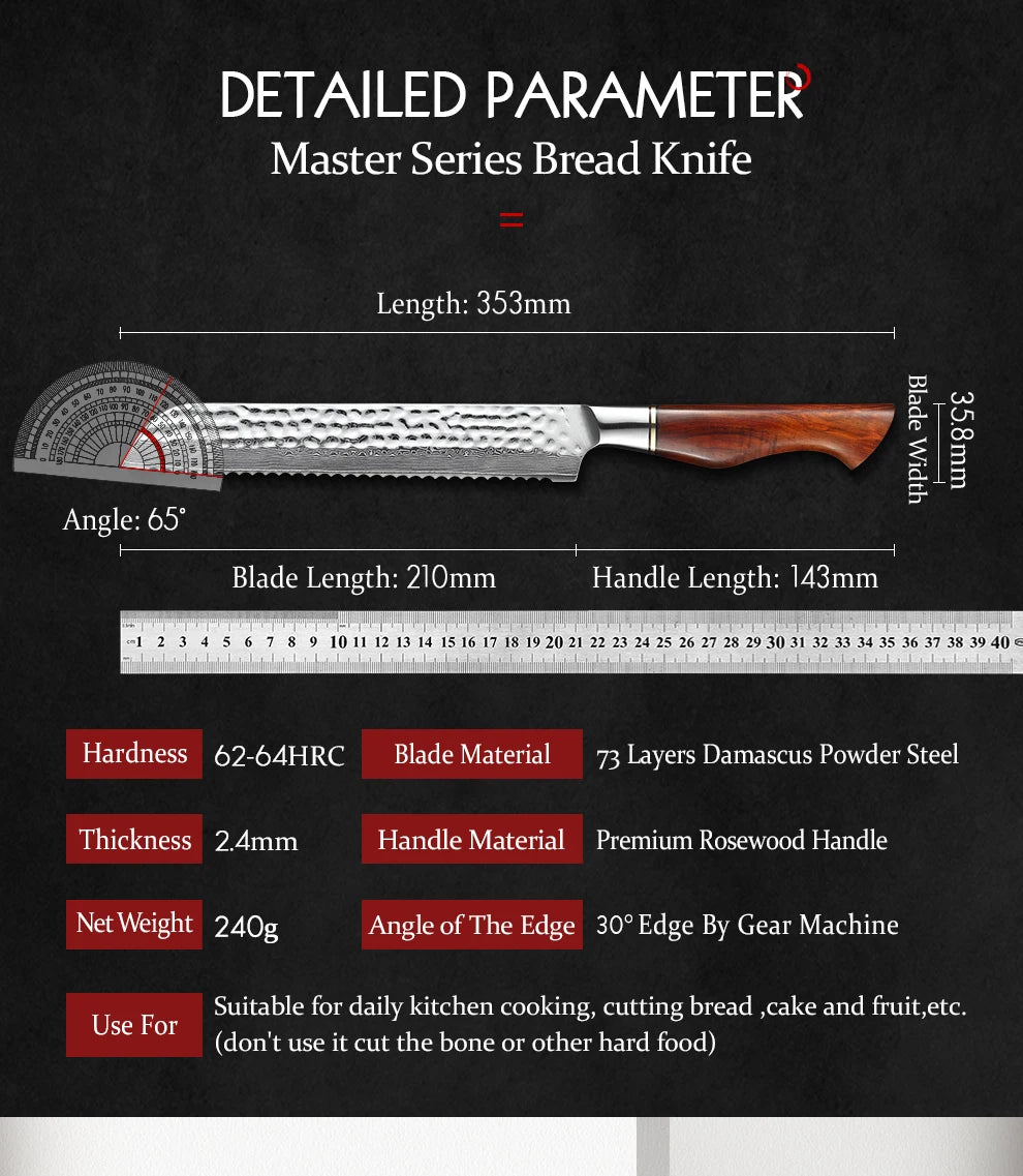 HEZHEN 8,5″ Brotmesser – 73‑lagiger Damast & Pulverstahlkern
