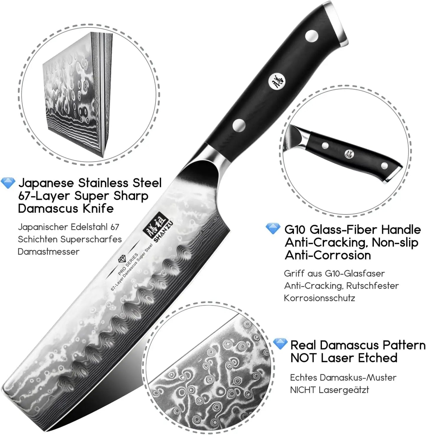 SHAN ZU Profi‑Nakiri Kochmesser – Damaststahl & G10‑Griff