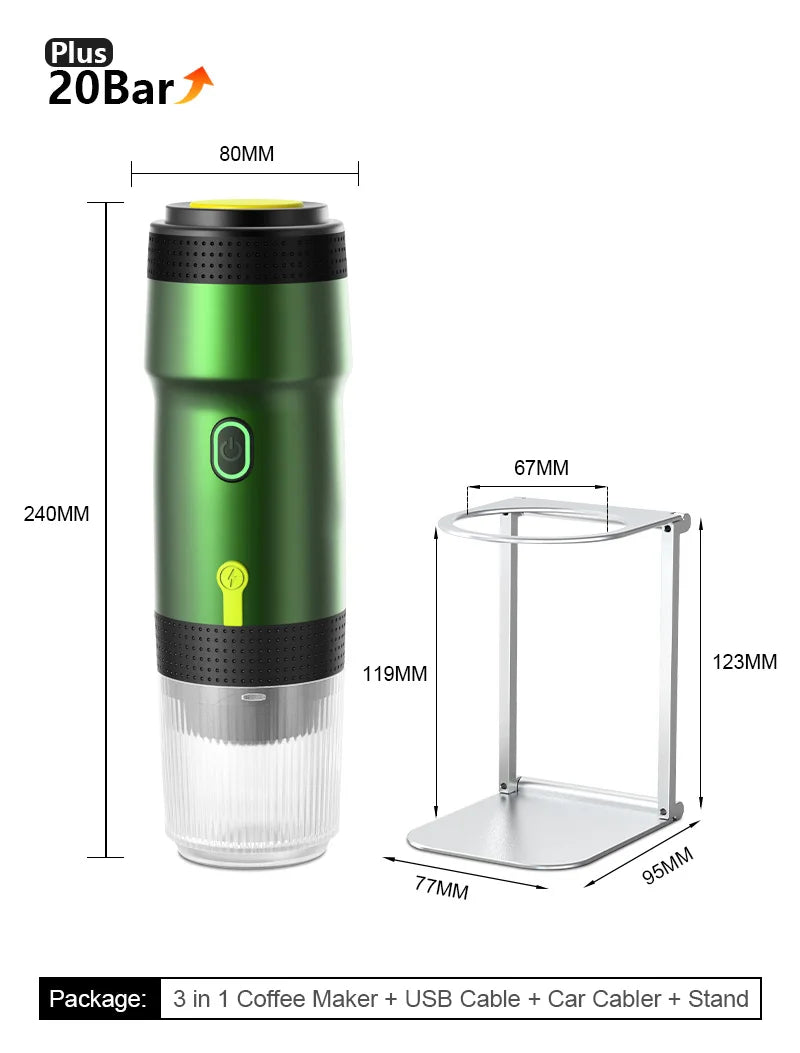 3‑in‑1 Reisekaffeemaschine inkl. Stand– Kabellos, elektrisch & tragbar für Auto, Camping & Zuhause