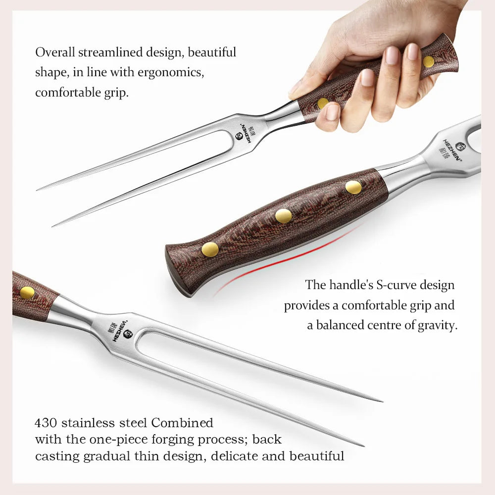 HEZHEN 2‑tlg. Damast‑Messerset – Micarta‑Griff & 430‑Stahl Fleischgabel