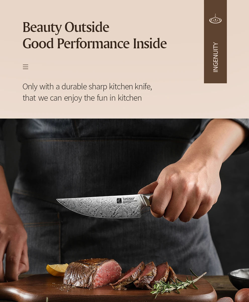 XINZUO Steakmesser – 5 Zoll (ca. 12,7 cm) Klinge aus 110 Lagen handgeschmiedetem Damaststahl