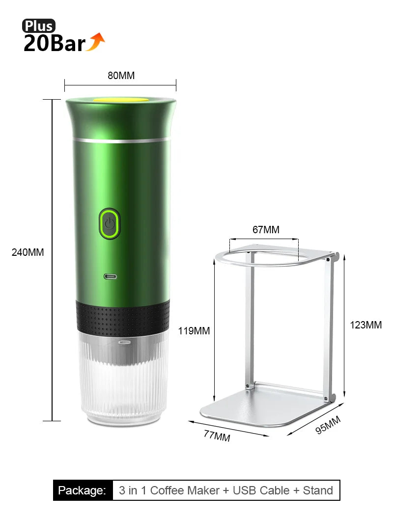 3‑in‑1 Reisekaffeemaschine inkl. Stand– Kabellos, elektrisch & tragbar für Auto, Camping & Zuhause
