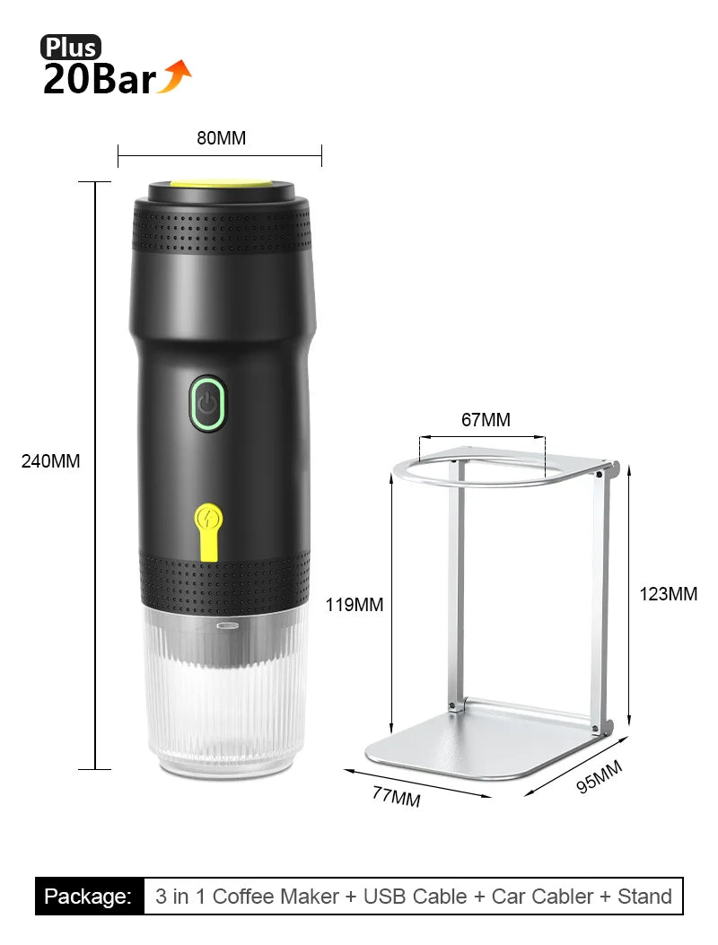 3‑in‑1 Reisekaffeemaschine inkl. Stand– Kabellos, elektrisch & tragbar für Auto, Camping & Zuhause