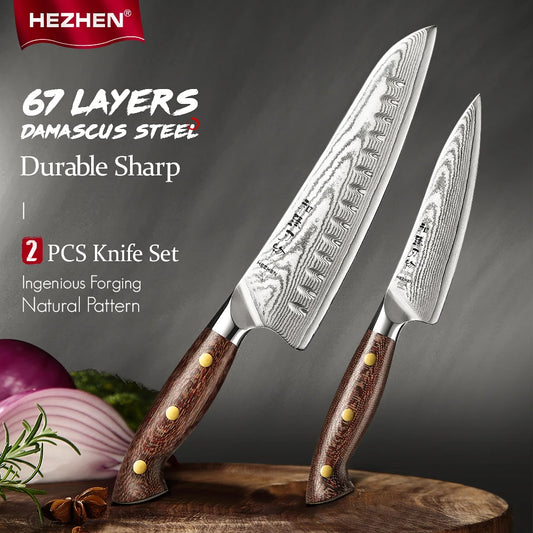 HEZHEN 2‑teiliges Damaststahl‑Messer‑Set mit Micarta‑Griff – Profi‑Klingen für deine Küche
