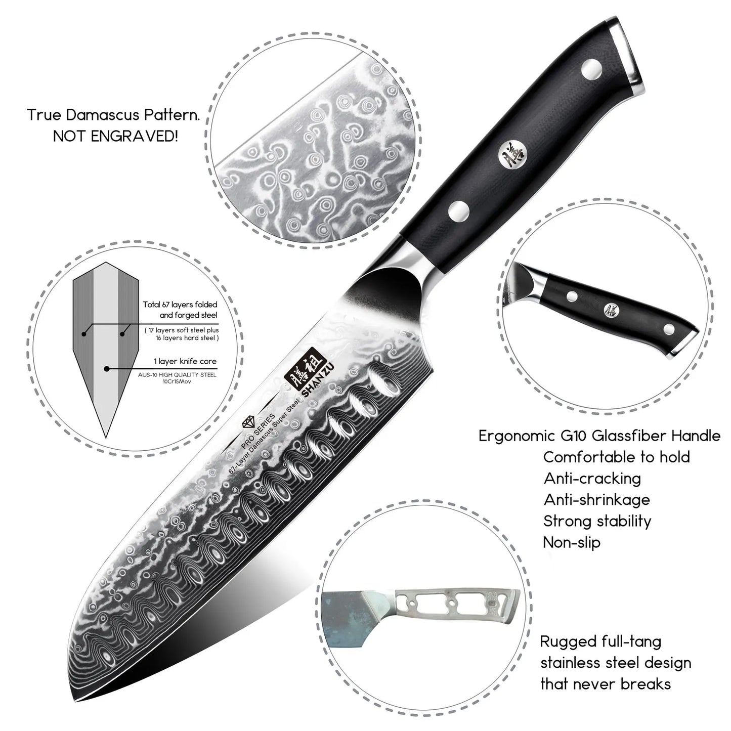 SHAN ZU 7″ Santoku Messer – 67‑Lagen Damast & High‑Carbon Kern
