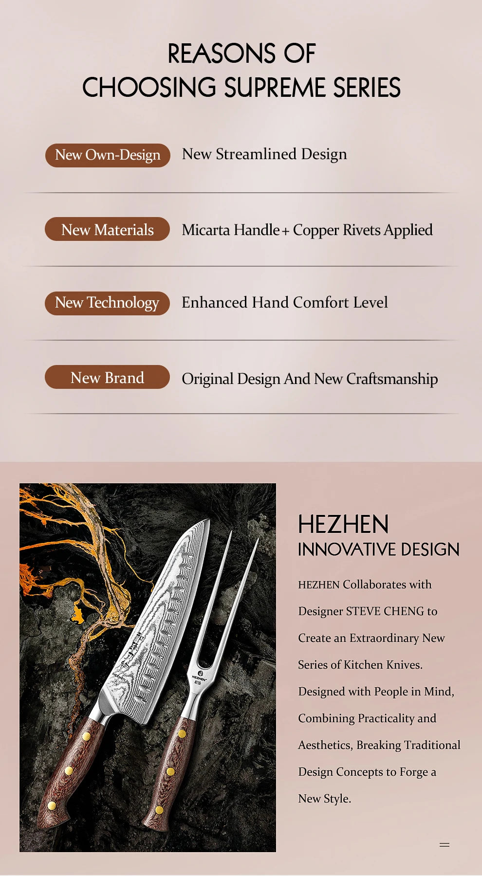 HEZHEN 2‑tlg. Damast‑Messerset – Micarta‑Griff & 430‑Stahl Fleischgabel