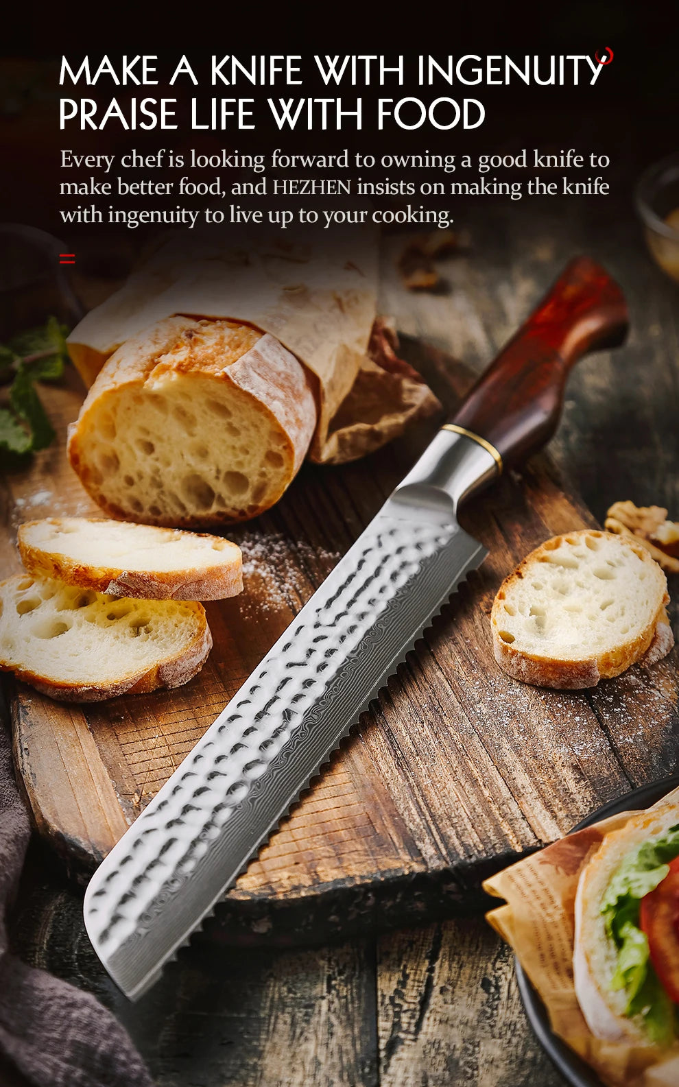 HEZHEN 8,5″ Brotmesser – 73‑lagiger Damast & Pulverstahlkern
