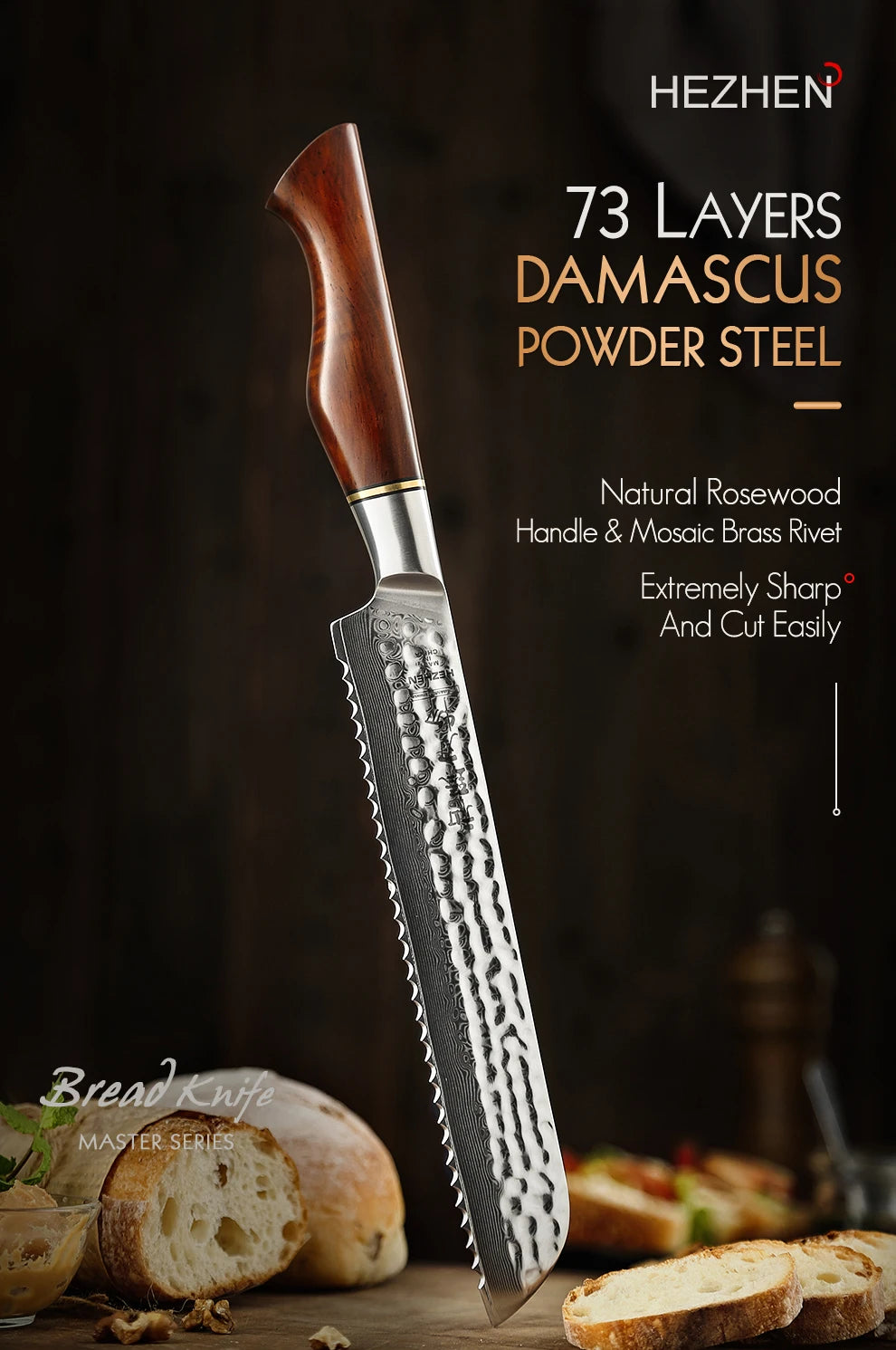 HEZHEN 8,5″ Brotmesser – 73‑lagiger Damast & Pulverstahlkern