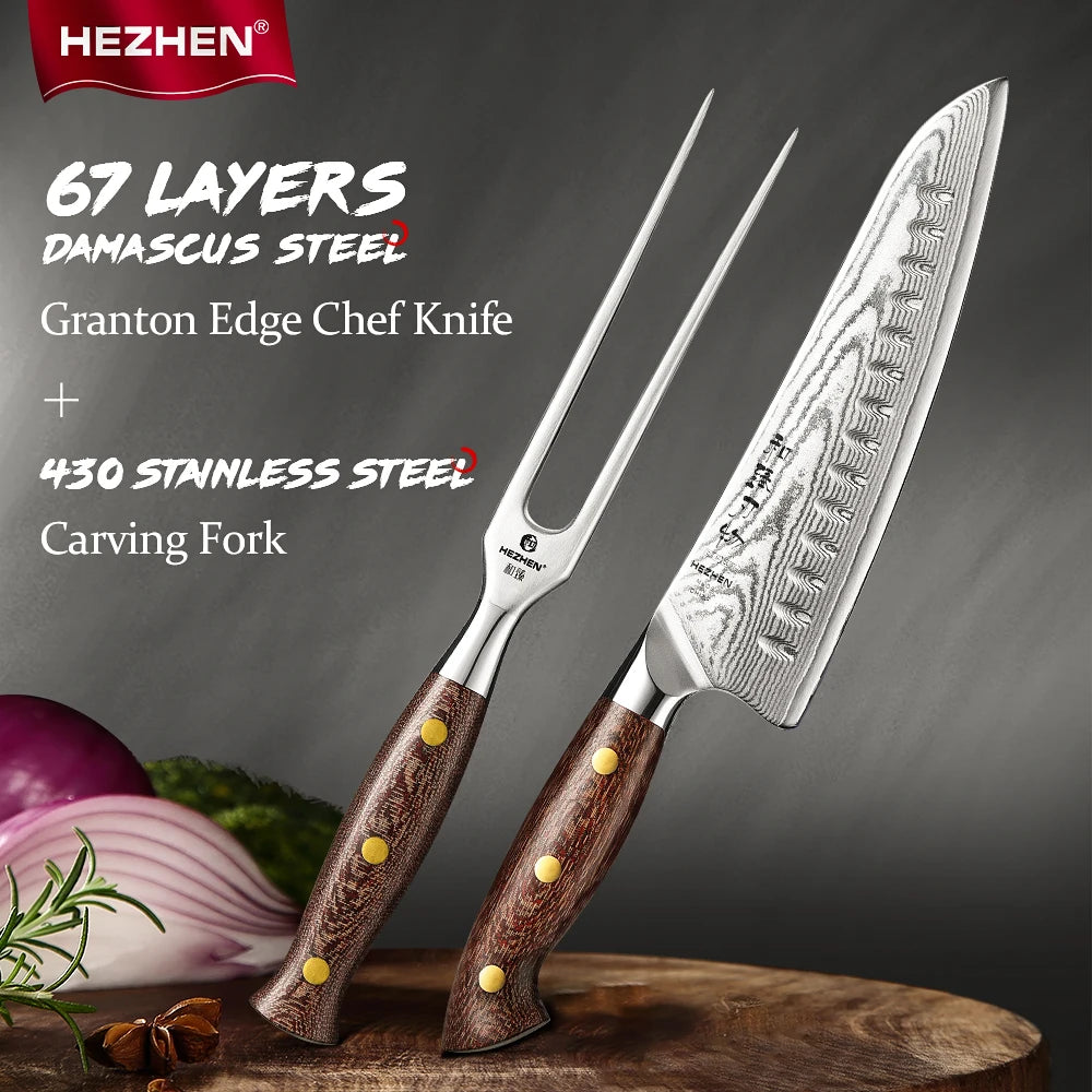 HEZHEN 2‑tlg. Damast‑Messerset – Micarta‑Griff & 430‑Stahl Fleischgabel