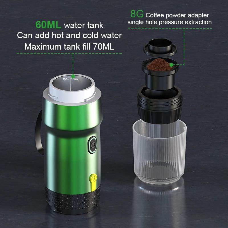 3‑in‑1 Reisekaffeemaschine inkl. Stand– Kabellos, elektrisch & tragbar für Auto, Camping & Zuhause