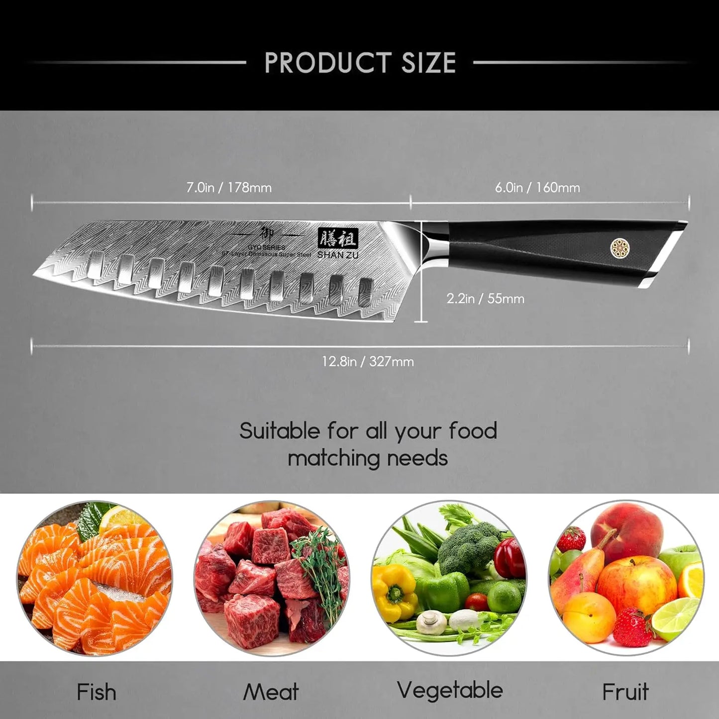 SHAN ZU 7″ Santoku Messer – 67‑Lagen Damast & Glasfaser‑Griff