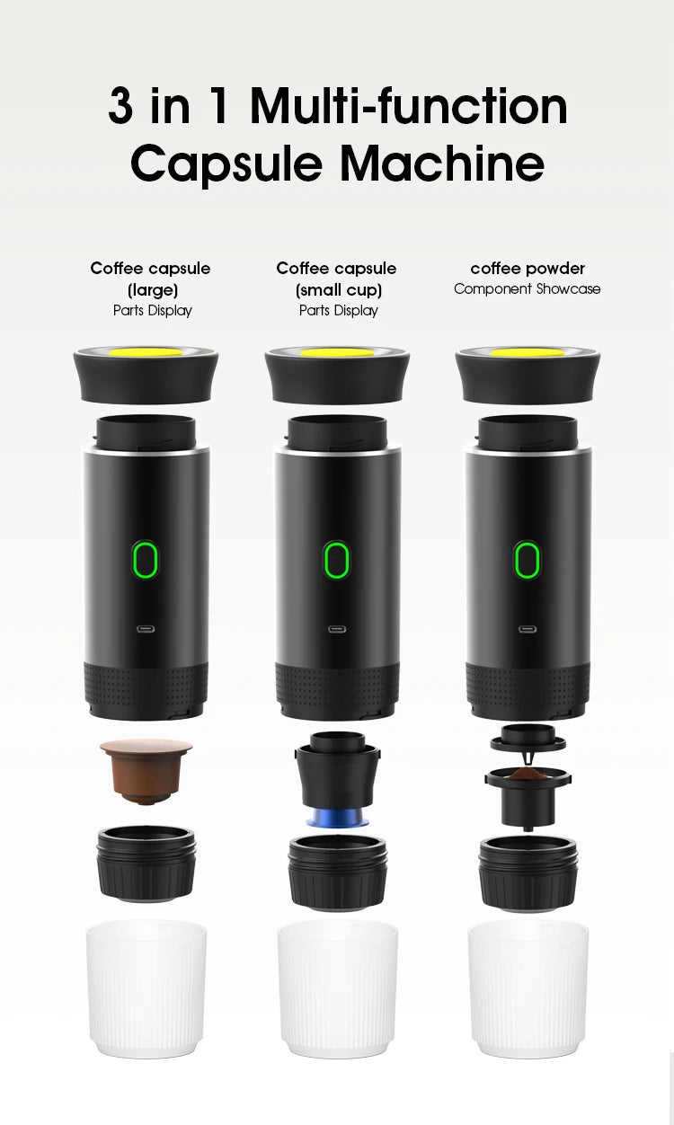 3‑in‑1 Reisekaffeemaschine inkl. Stand– Kabellos, elektrisch & tragbar für Auto, Camping & Zuhause