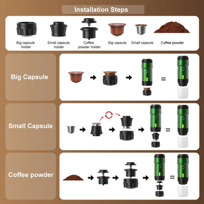 3‑in‑1 Reisekaffeemaschine inkl. Stand– Kabellos, elektrisch & tragbar für Auto, Camping & Zuhause