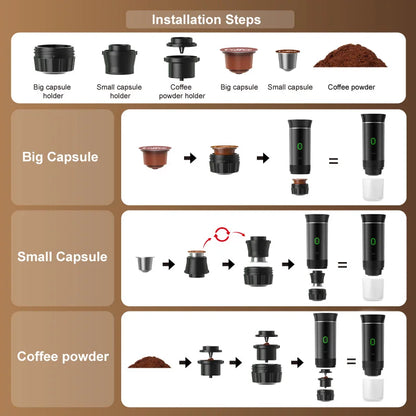 3‑in‑1 Reisekaffeemaschine inkl. Stand– Kabellos, elektrisch & tragbar für Auto, Camping & Zuhause