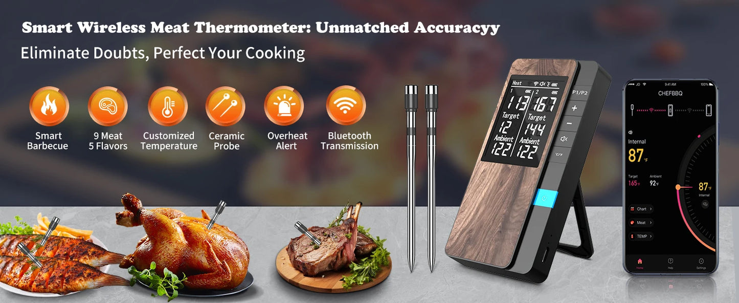 Kabelloses Bluetooth Fleischthermometer – Digital mit Dual-Sonde & App-Steuerung