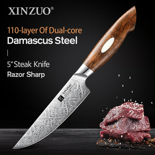 XINZUO Steakmesser – 5 Zoll (ca. 12,7 cm) Klinge aus 110 Lagen handgeschmiedetem Damaststahl