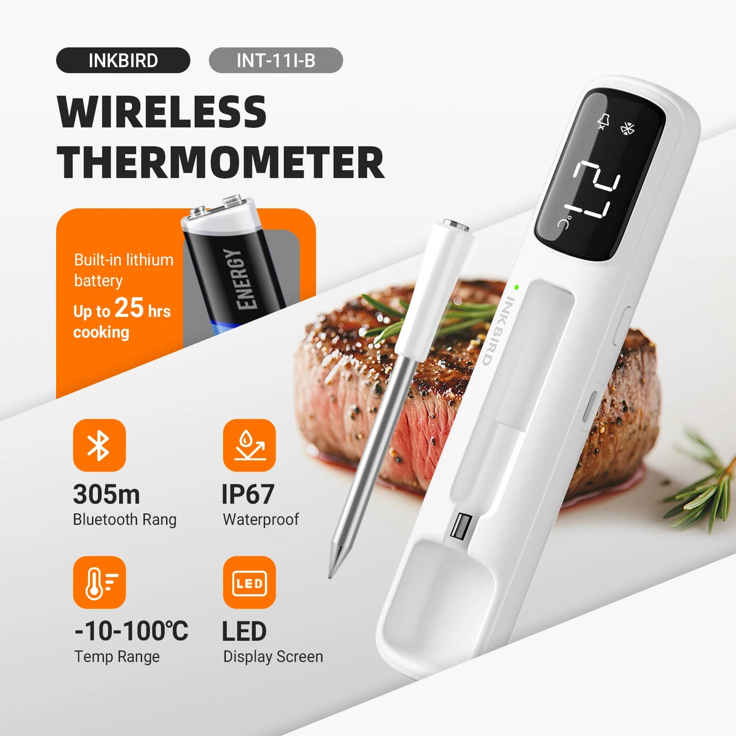 Inkbird INT-11B Mini Fleischthermometer – Bluetooth, 1s-Reaktion & LED-Anzeige für Grill & Küche