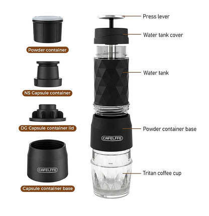 CAFELFFE 3-in-1 Tragbare Kaffeemaschine – Heiß & Kalt Espresso-Genuss für Abenteuer unterwegs