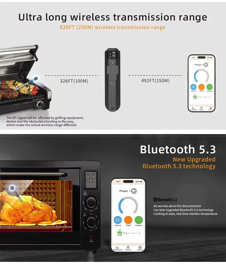 WLAN Lebensmittelthermometer mit Keramiksonde – Digital, wasserdicht & drahtlos für Grill & Ofen
