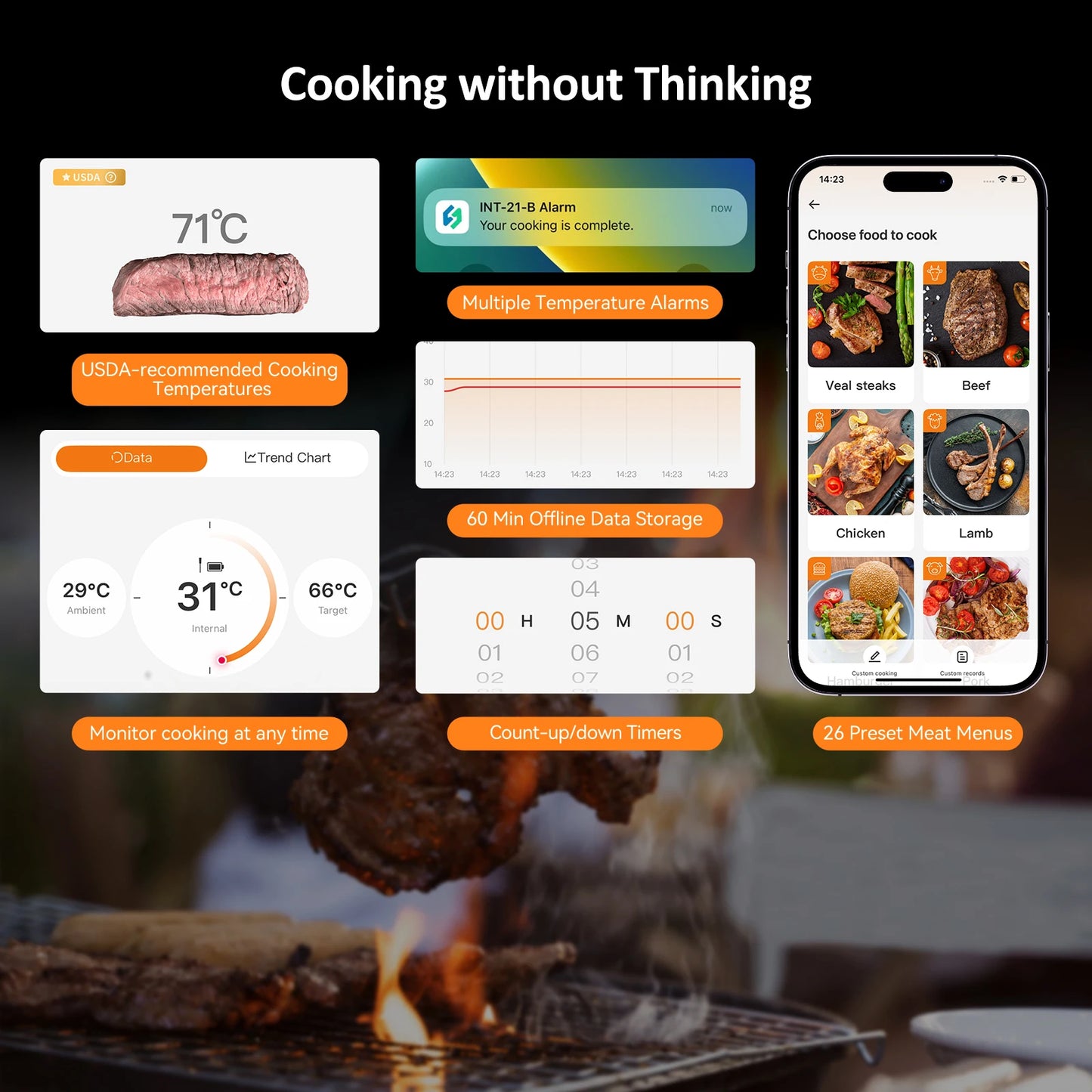 Inkbird Kabelloses Grillthermometer – Bluetooth-Fleischthermometer mit ultraschneller 1s-Reaktion