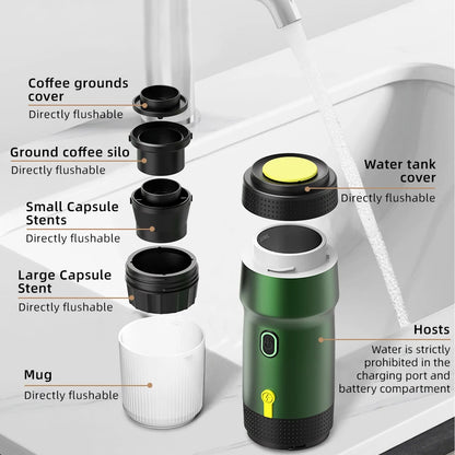 3‑in‑1 Reisekaffeemaschine inkl. Stand– Kabellos, elektrisch & tragbar für Auto, Camping & Zuhause