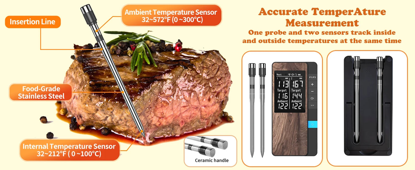 Kabelloses Bluetooth Fleischthermometer – Digital mit Dual-Sonde & App-Steuerung