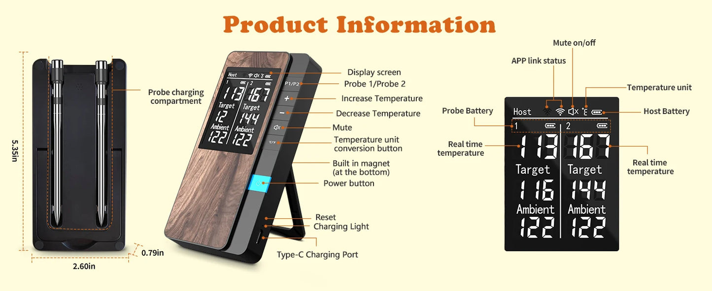 Kabelloses Bluetooth Fleischthermometer – Digital mit Dual-Sonde & App-Steuerung