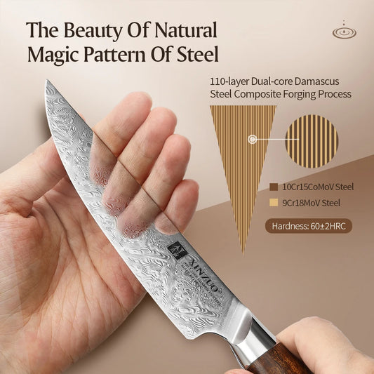 XINZUO Steakmesser – 5 Zoll (ca. 12,7 cm) Klinge aus 110 Lagen handgeschmiedetem Damaststahl