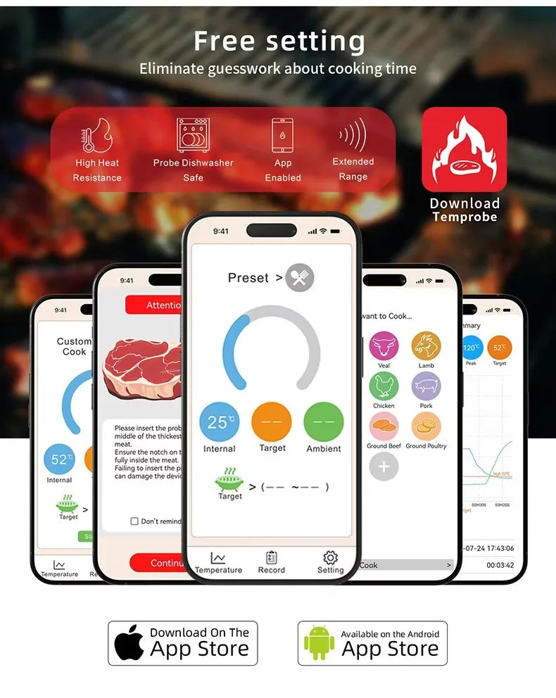 WLAN Lebensmittelthermometer mit Keramiksonde – Digital, wasserdicht & drahtlos für Grill & Ofen