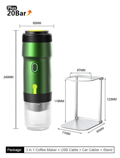3‑in‑1 Reisekaffeemaschine inkl. Stand– Kabellos, elektrisch & tragbar für Auto, Camping & Zuhause