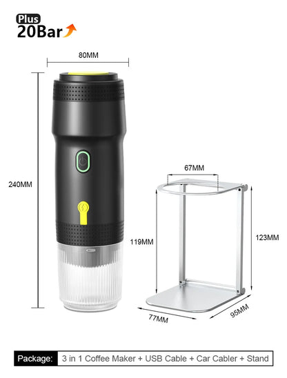 3‑in‑1 Reisekaffeemaschine inkl. Stand– Kabellos, elektrisch & tragbar für Auto, Camping & Zuhause
