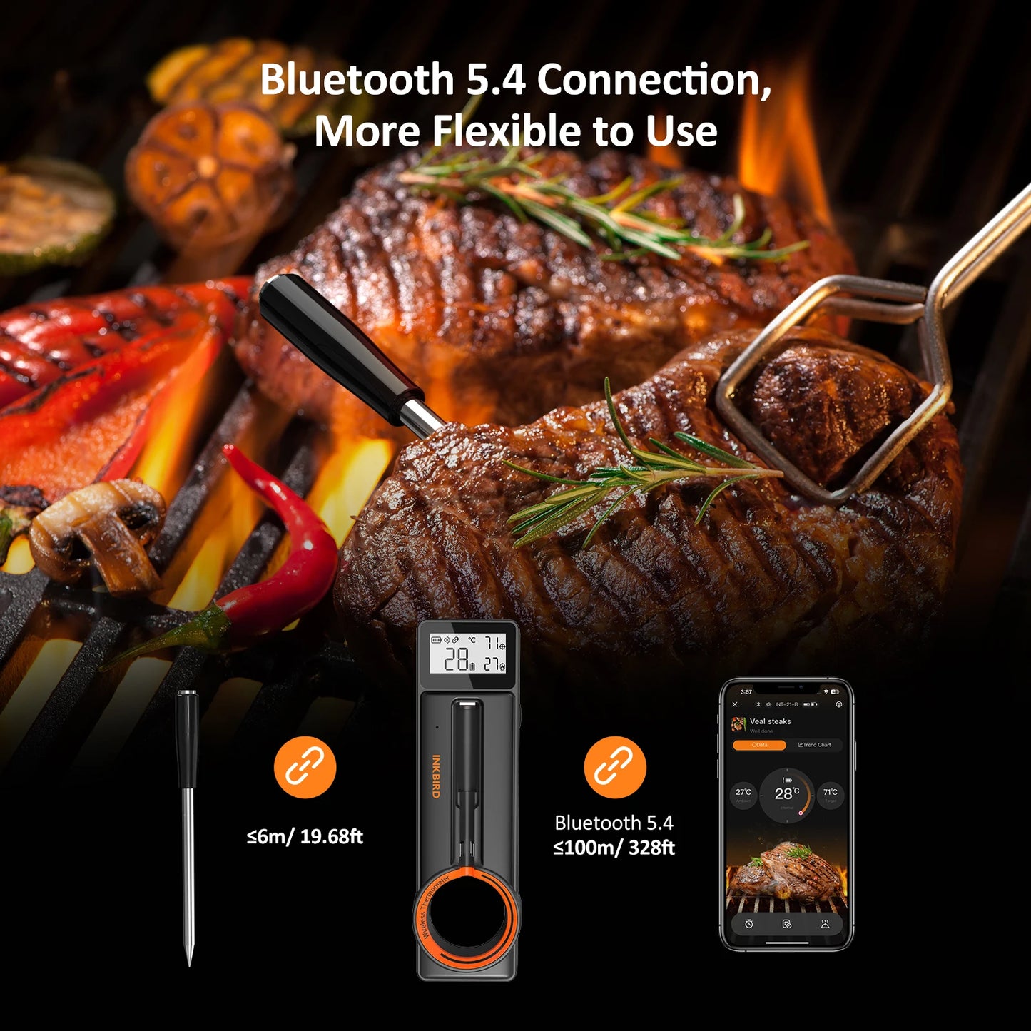 Inkbird Kabelloses Grillthermometer – Bluetooth-Fleischthermometer mit ultraschneller 1s-Reaktion