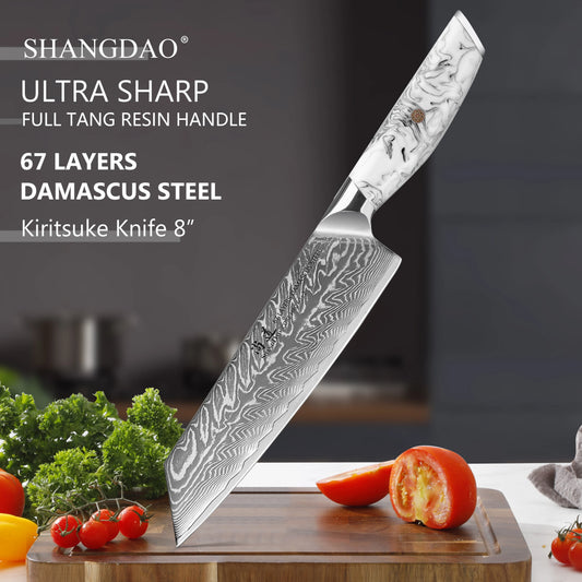 SHANGDAO 8″ Kiritsuke Messer – Japanischer Damaststahl & Harzgriff mit Tinteffekt